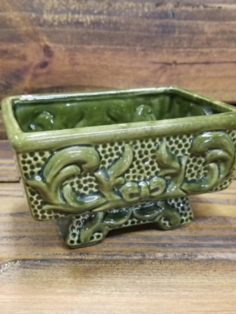 Vintage American Bisque Green Glaze Planter Bow Design Flower Pot Retro